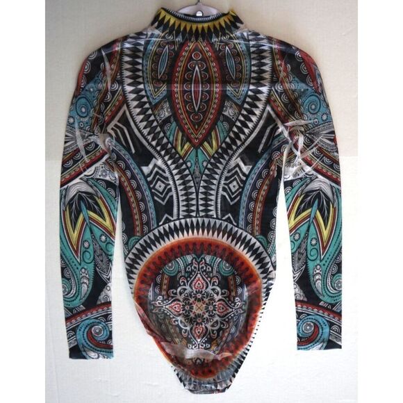 Best Cody 5020 Women's Sz M Multi 90s Vintage Sheer Aztec Print Bodysuit - Picture 9 of 9